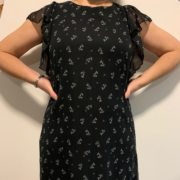 Lined Navy Floral Dress with Ruffles - Picture 3 of 6